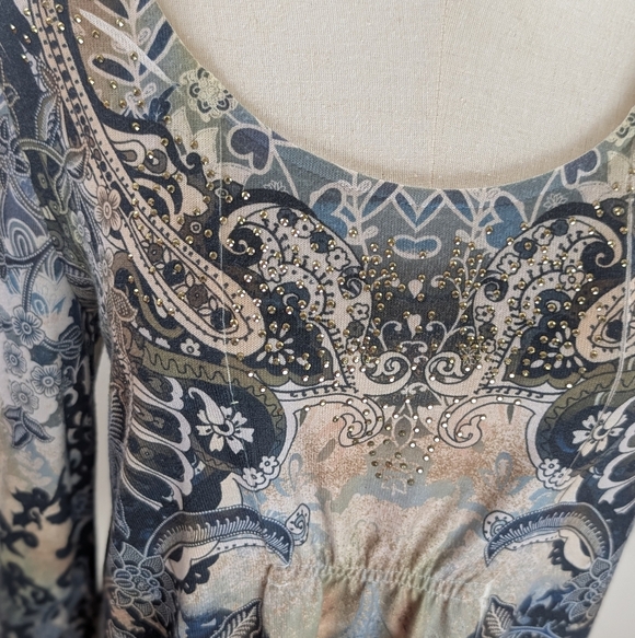 ONE WORLD Women's Size Medium Multicolor Patterned Tunic with Green Lace Hem - Picture 4 of 12